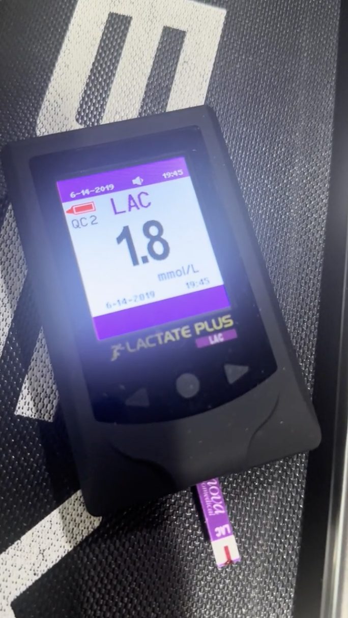Lactate analyzer showing a blood lactate reading of 1.8 mmol/L