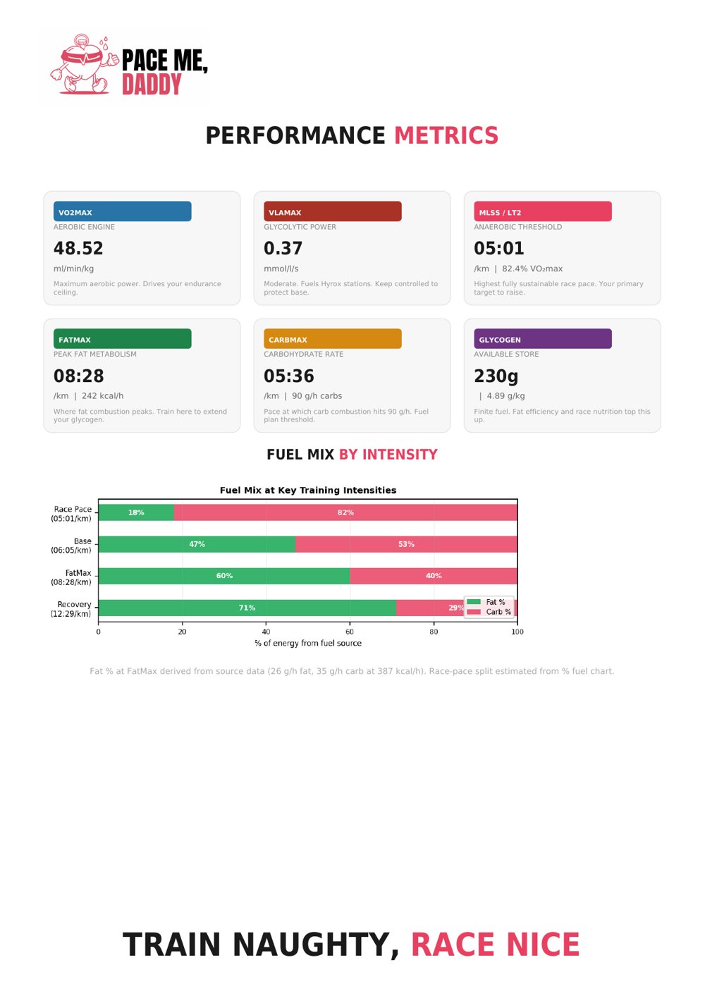 Sample metabolic analysis report showing VO2max, fat and carb burn rates, and fuel mix by intensity